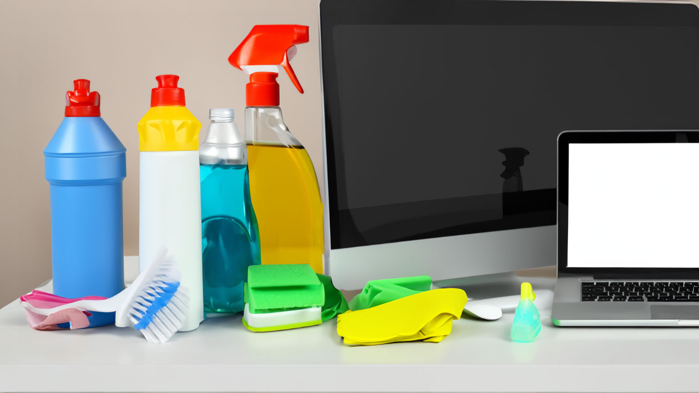 Cleaning supplies next to a desktop and laptop computer