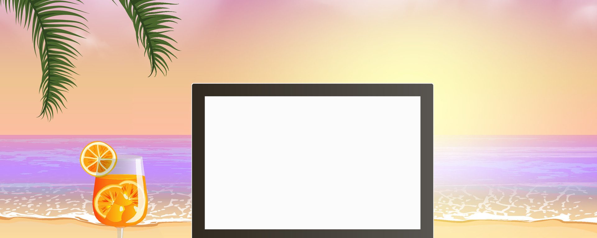 a laptop computer in front of a beach-side sunset, next to an orange cocktail