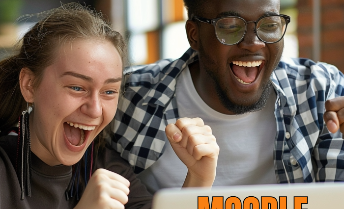 an ecstatic professor and student looking at a laptop screen that says "Moodle Outcomes"