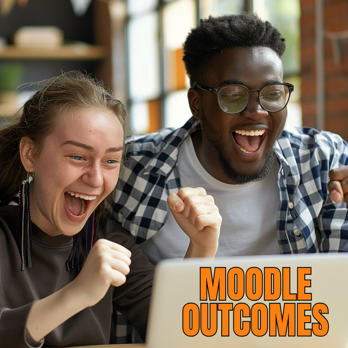 an ecstatic professor and student looking at a laptop screen that says "Moodle Outcomes"