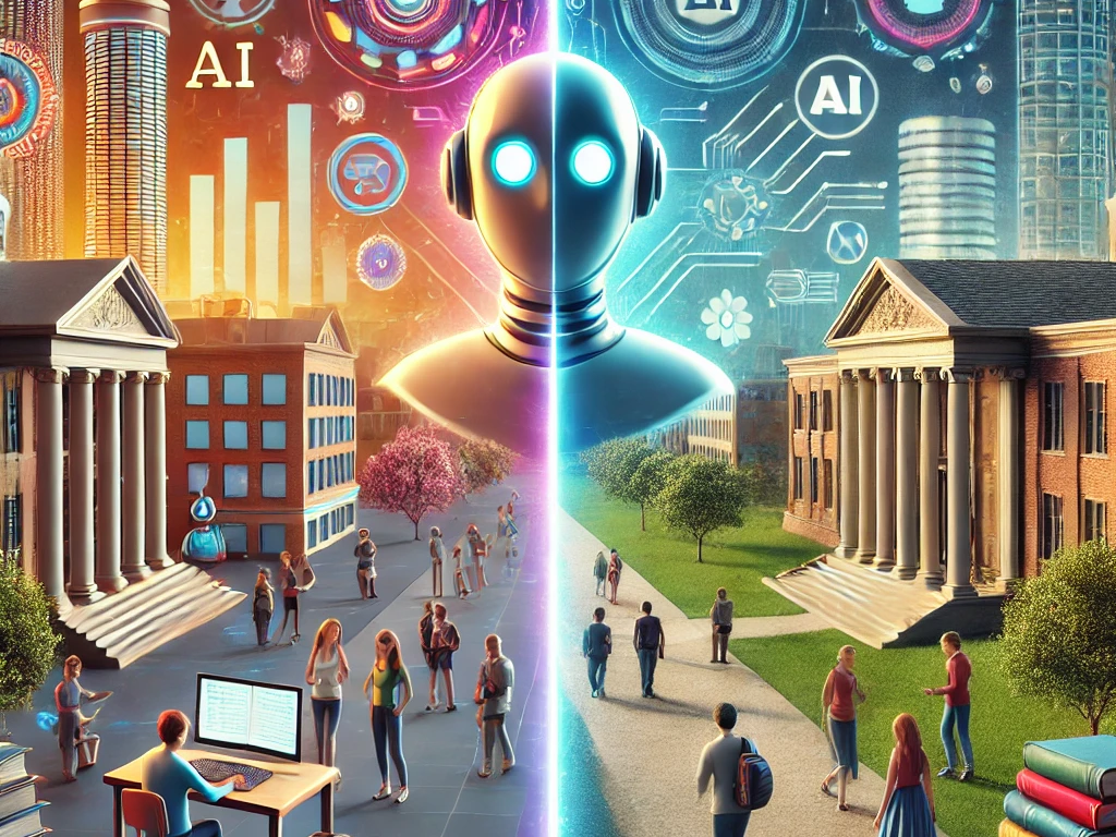 A split visual showing two academic institutions side by side. On the left, a modern university with glowing, futuristic AI technology such as holographic chatbots and virtual assistants, representing a tech-forward approach. On the right, a traditional liberal arts college where students engage in book discussions and in-person learning, symbolizing a more classical educational model. The split highlights the contrast between these two approaches to AI in education.