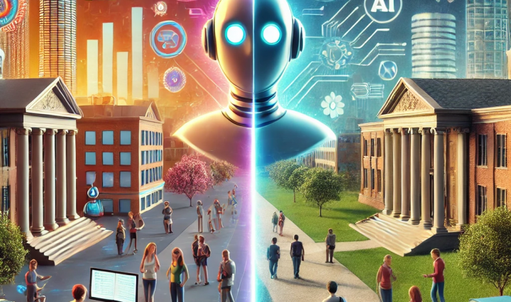 A split visual showing two academic institutions side by side. On the left, a modern university with glowing, futuristic AI technology such as holographic chatbots and virtual assistants, representing a tech-forward approach. On the right, a traditional liberal arts college where students engage in book discussions and in-person learning, symbolizing a more classical educational model. The split highlights the contrast between these two approaches to AI in education.