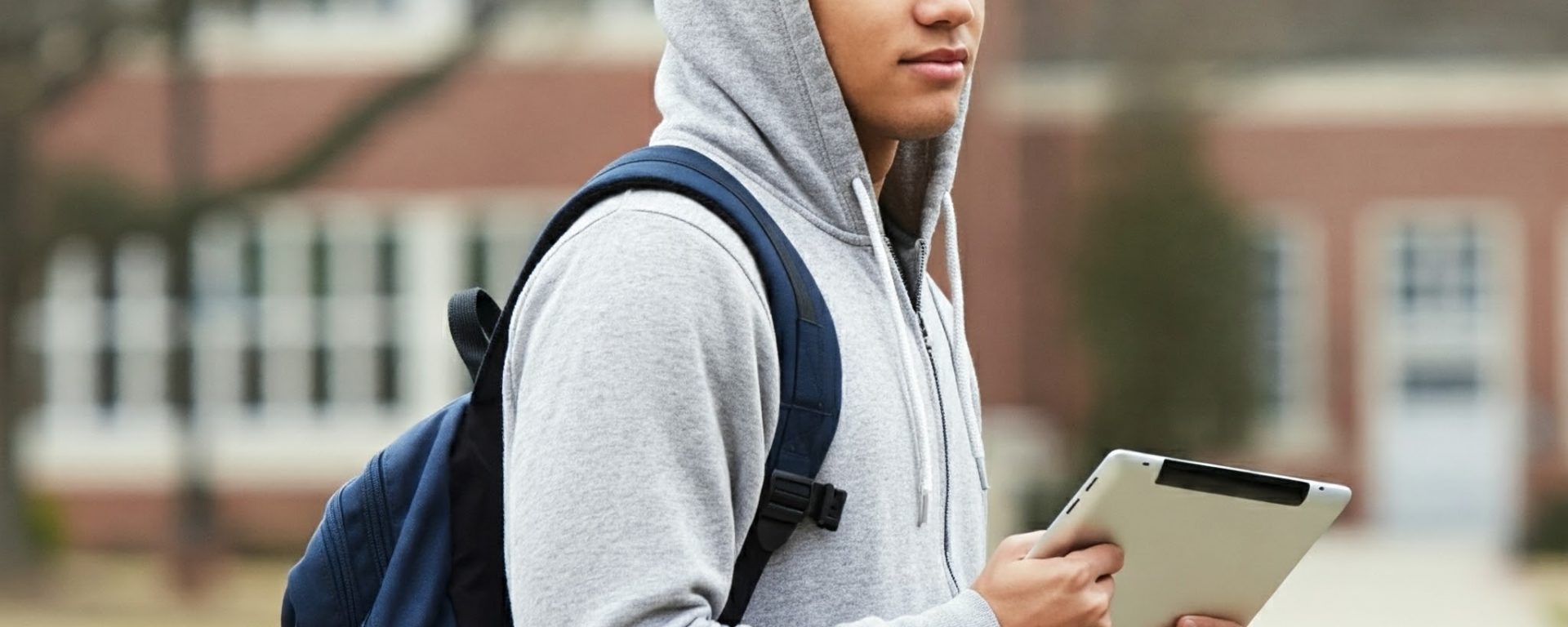 Male student with a backpack and hoodie, holding a laptop computer