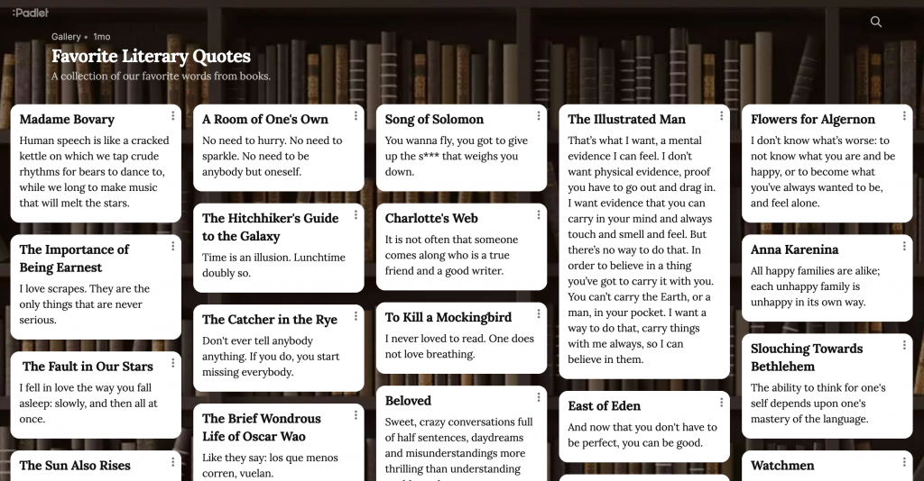 a digital Padlet bulletin board titled "Favorite Literary Quotes,". The background features bookshelves filled with books, creating a literary-themed atmosphere. Each entry on the board contains a quote from a different literary work, displayed as individual text boxes resembling sticky notes.