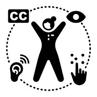 A dotted circle surrounding an X-shaped human body. Along the dotted circle are the closed caption icon, AAC icon, hearing aid icon, and an eye icon.
