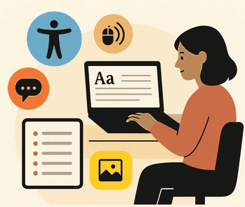 digital communication: person of color sitting at laptop creating considering how to make content accessible