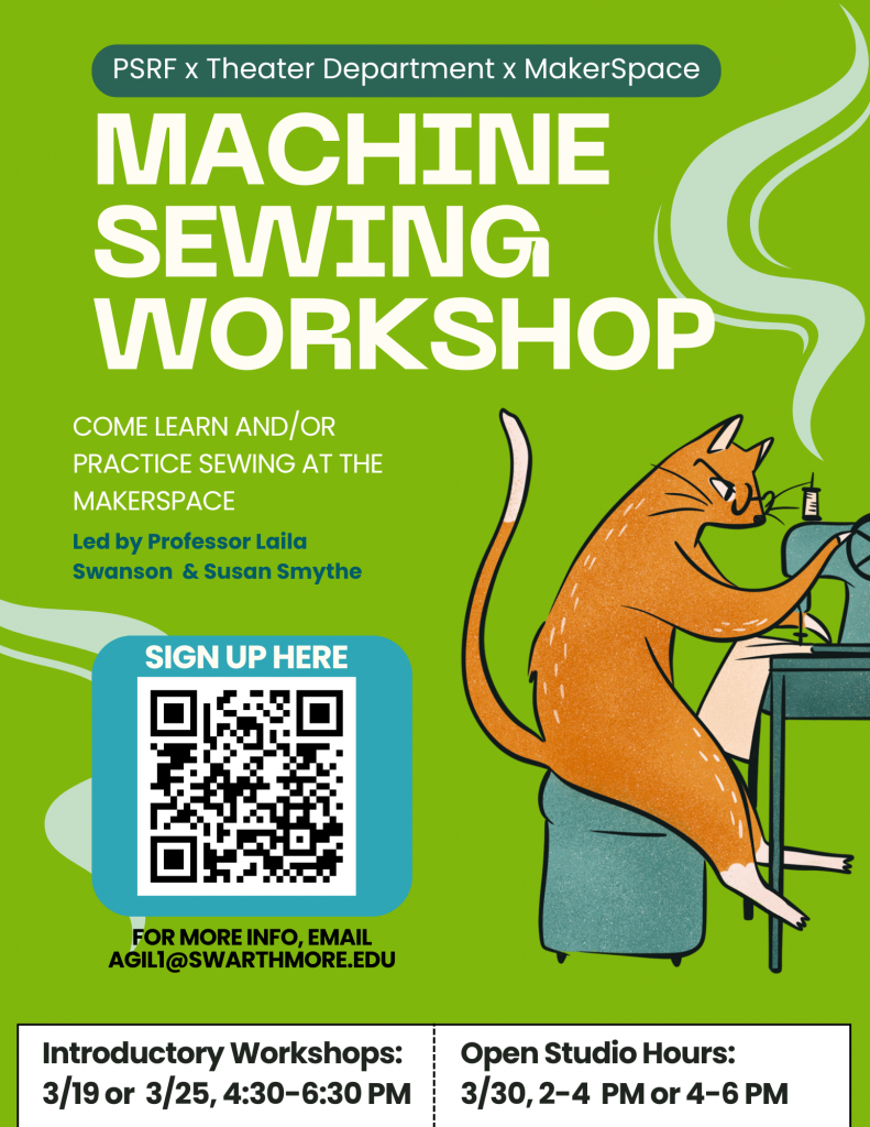 graphic poster for the machine sewing workshop, featuring a cartoon cat at a sewing machine