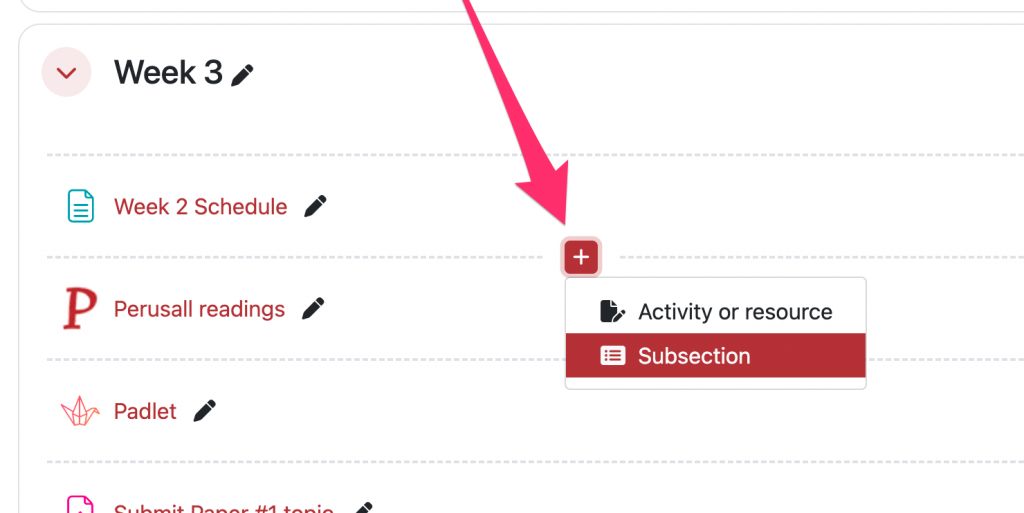 Screenshot of a Moodle course highlighting the + button and the Subsection sub-option.