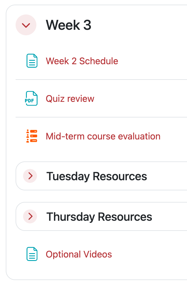 Moodle course view with 4 content items and two subsections