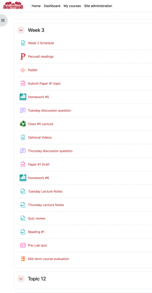 A screenshot of a Moodle course containing a section with 17 content items