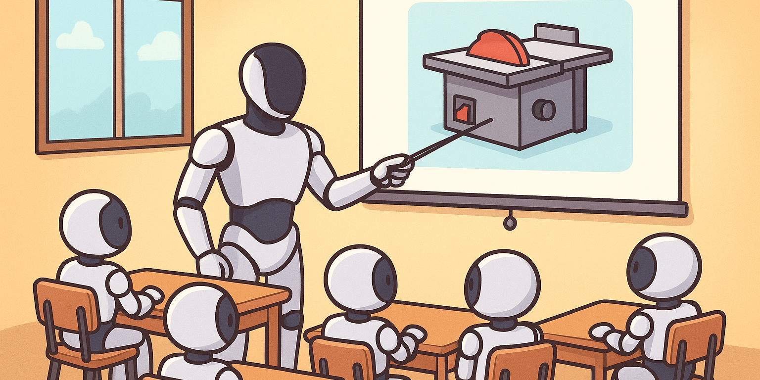 a humanoid robot instructs a classroom of child robots in the use of a table saw