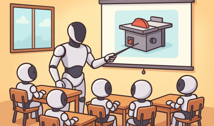 a humanoid robot instructs a classroom of child robots in the use of a table saw