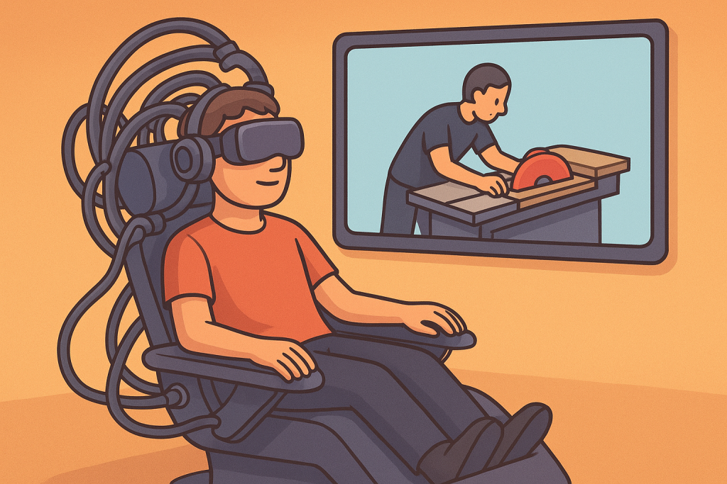 illustration of a student sitting in a "The Matrix" styled high tech chair wearing a headset; behind him is a screen showing him learning to use a table saw, suggesting he is being trained via neural programming.