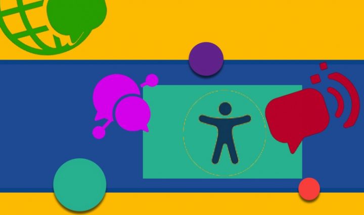 a yellow background with chat bubbles, circles, grid-paper globes representing the world wide web in both the foreground and background of various colors, then a widescreen dark blue background with an accessibility symbol in the middle in the negative space of a teal rectangle.