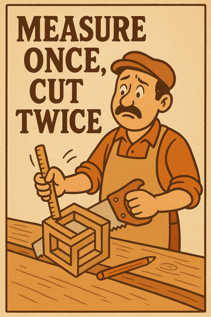 a parody of a shop safety poster, with the caption "measure once, cut twice." the illustration shows a woodworker unable to build a geometrically impossible object