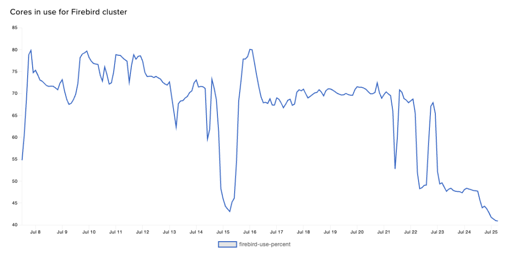 A plot showing daily percentage usage during July 2025 of all available CPU cores on the Firebird computing cluster.