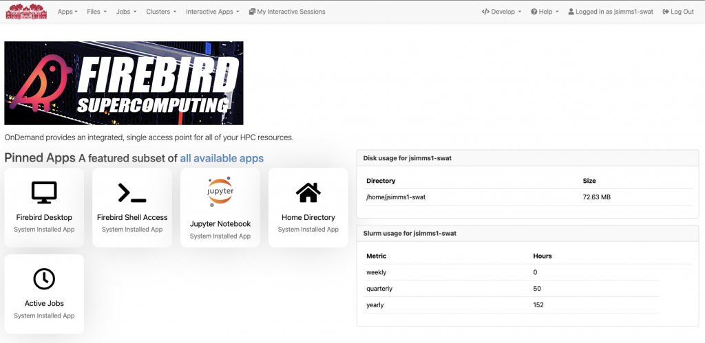 A screenshot of the web interface to the Firebird computing cluster.