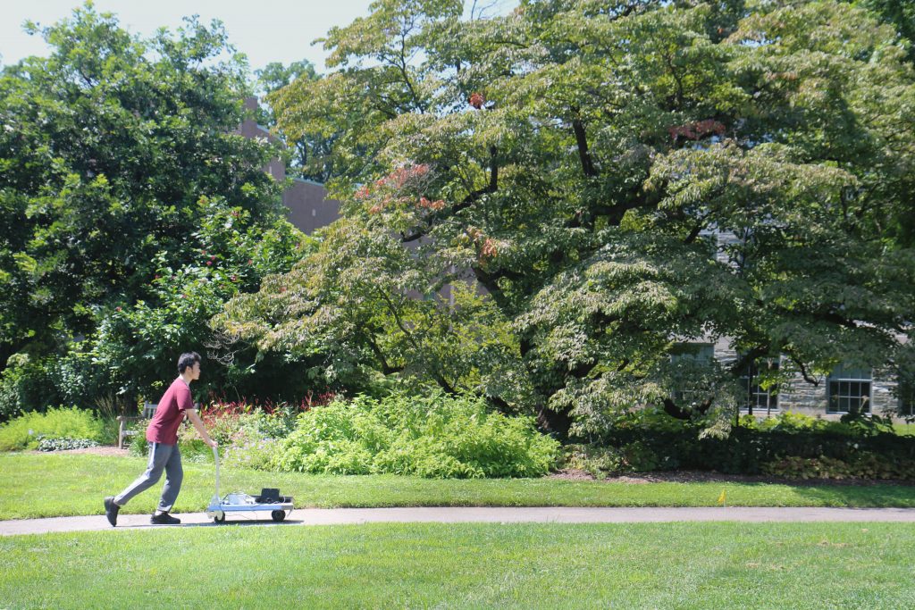 picture of an IT Apprentice student worker pushing a cart across campus, to deliver a computer