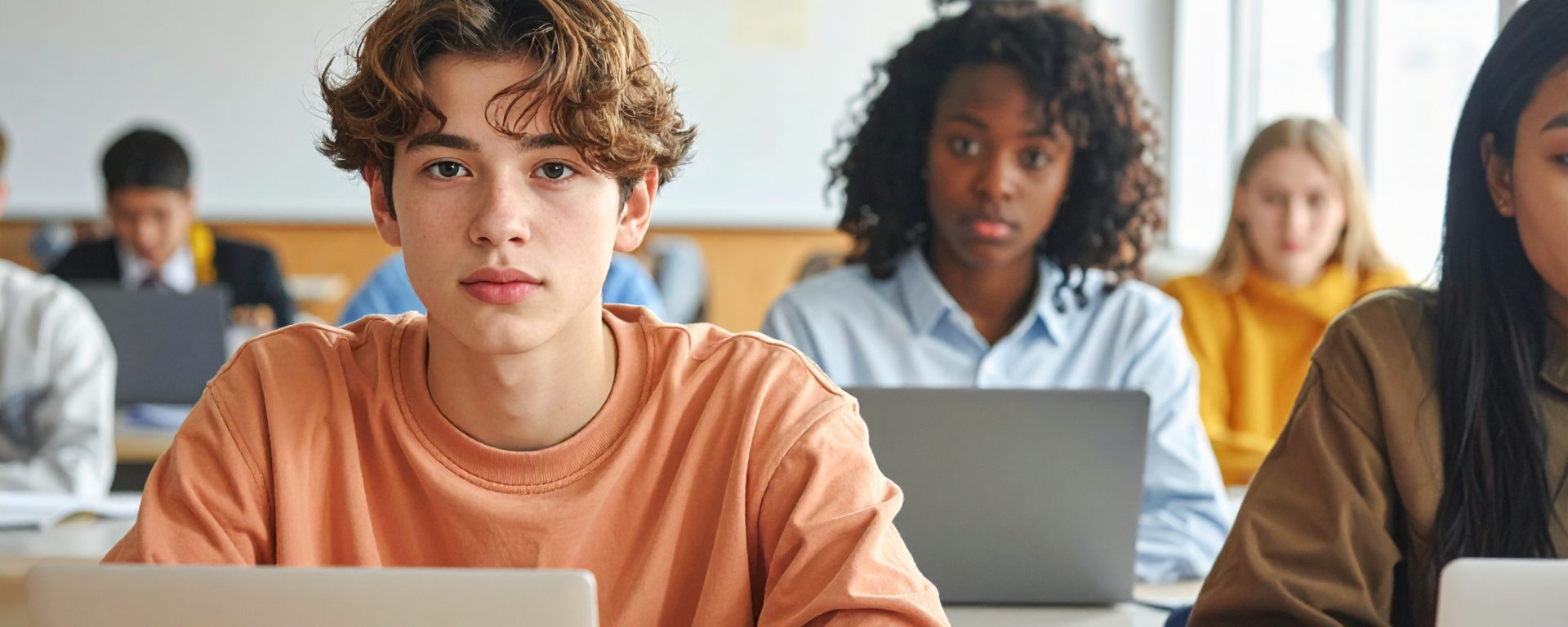 Adobe Firefly generated image with the prompt: A mix of students of different ethnicities taking an in-class exam on laptop computers, with one student looking directly towards the camera