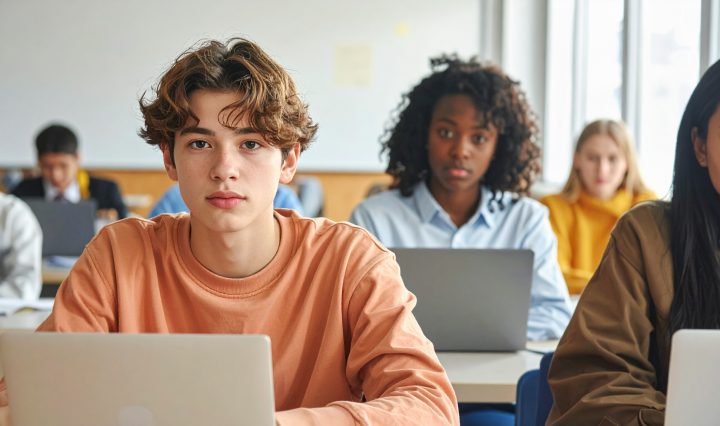Adobe Firefly generated image with the prompt: A mix of students of different ethnicities taking an in-class exam on laptop computers, with one student looking directly towards the camera
