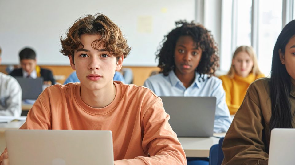 Adobe Firefly generated image with the prompt: A mix of students of different ethnicities taking an in-class exam on laptop computers, with one student looking directly towards the camera