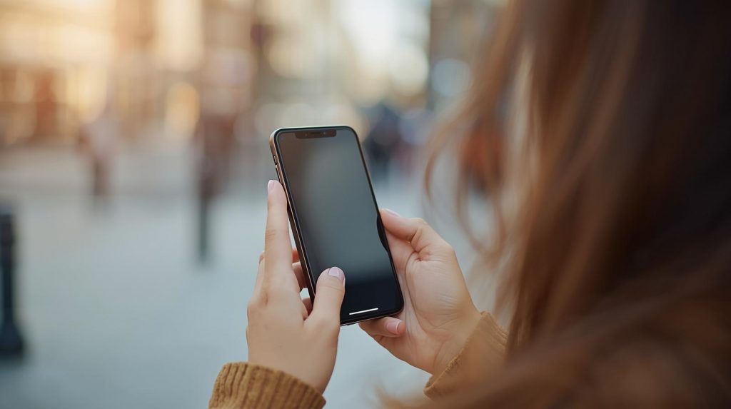 A woman holding a cellphone in hand.