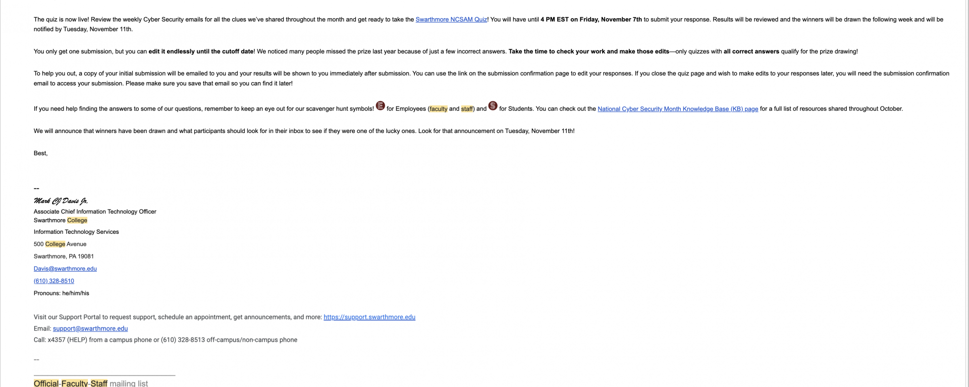 Official Faculty-Staff listserve message that contains images, hyperlinks, and rich text formatting.