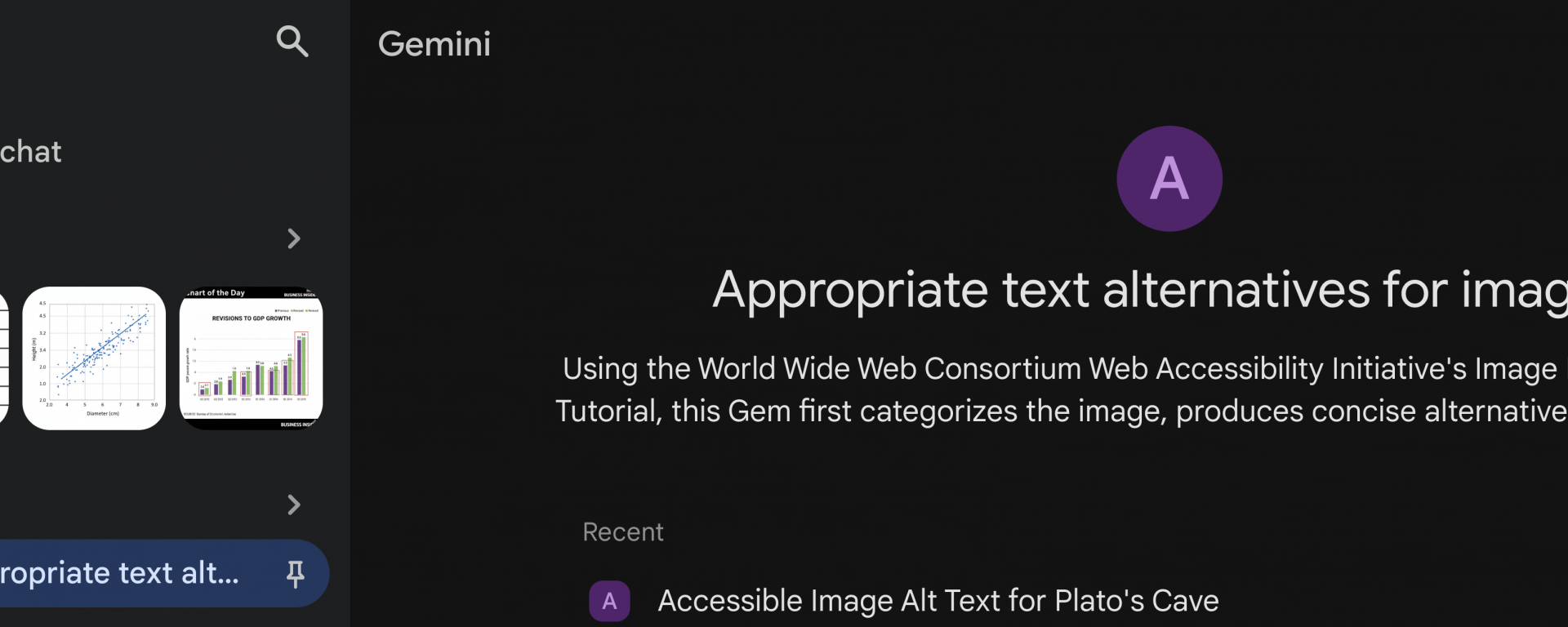 Using AI for alt text, this Gemini web interface showcases the custom accessibility Appropriate text alternatives for images Gem. The sidebar on the left displays navigation options and thumbnails of analyzed images, including graphs and documents. The main content window highlights the title and a purple icon with the letter "A."