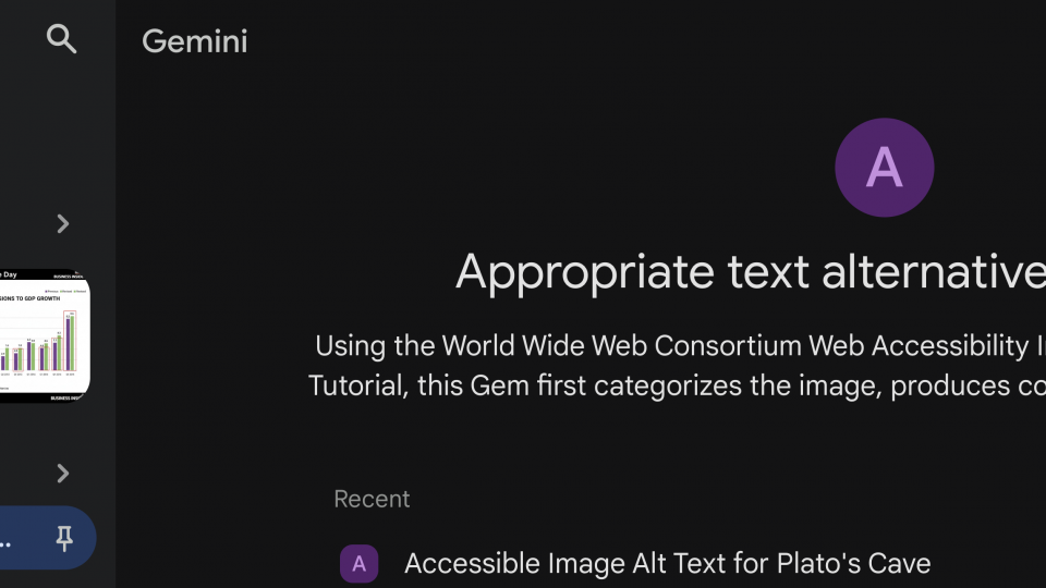 Using AI for alt text, this Gemini web interface showcases the custom accessibility Appropriate text alternatives for images Gem. The sidebar on the left displays navigation options and thumbnails of analyzed images, including graphs and documents. The main content window highlights the title and a purple icon with the letter "A."