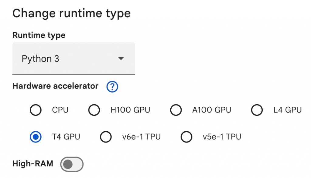 Google Colab runtime selection dialog box showing different language and GPU options. 