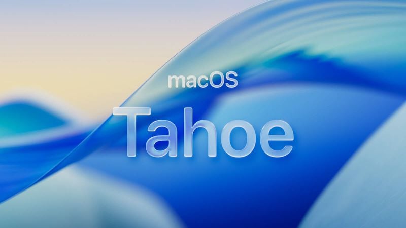 A picture of the macOS material glass effect with the words 'macOS Tahoe'