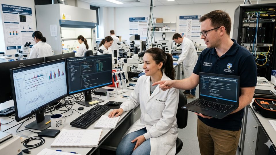 Image created by Google Gemini of a busy generic research lab showing multiple researchers with a technical support person standing next to a researcher in the foreground.