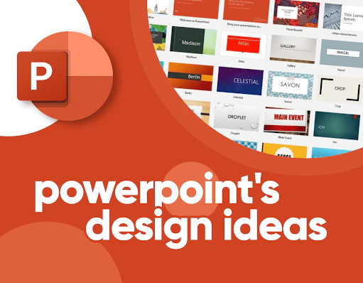 A picture showing different PowerPoint design templates in the background with the PowerPoint logo and 'PowerPoint's Design Ideas' text in the foreground.