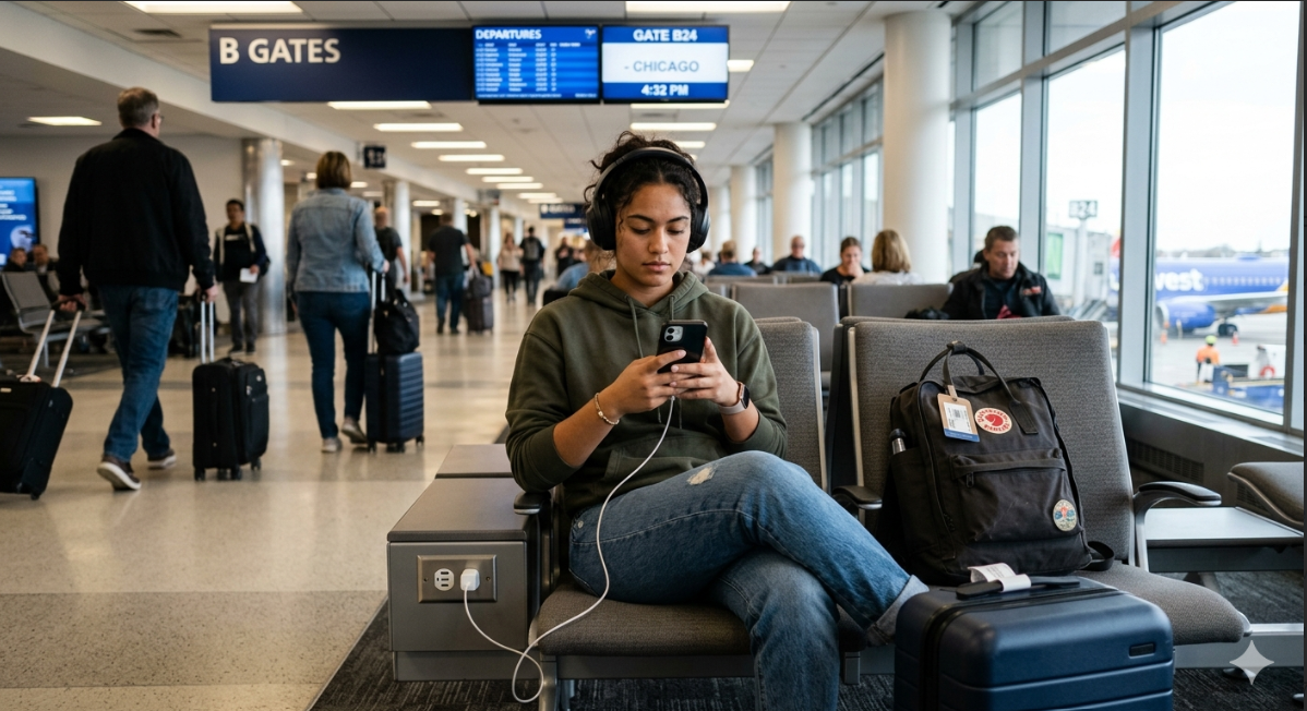 an AI generated picture of a student sitting in an airport terminal with headphones on, looking down at their cell phone that is plugged into an outlet to charge.