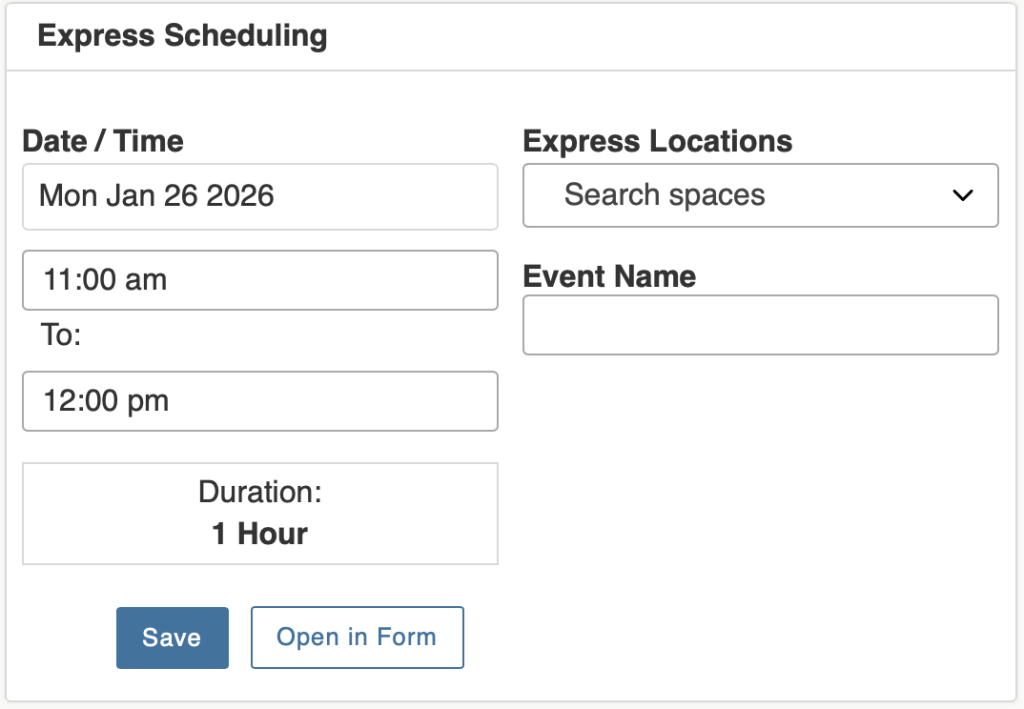 Screenshot of the Swat Central Podcast And Audio Recording Express Scheduling Block featuring date and time, location, and event name fields to create your reservation.