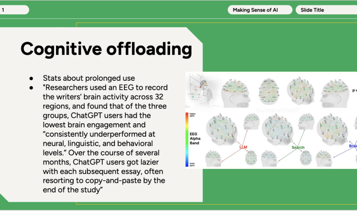 A slide titled "Cognitive offloading." On the left it has two bullets with information from a University of Toronto study on the effects of using ChatGPT when writing essays. On the right is an image of brain activity within study participants.