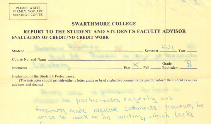 A yellowed academic form from Swarthmore College titled "Evaluation of Credit/No Credit Work"