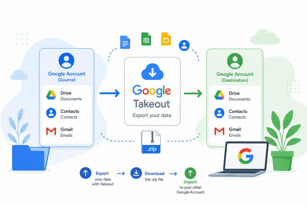 An AI generated infographic image with arrows showing the flow of data from the old email account to the new email account