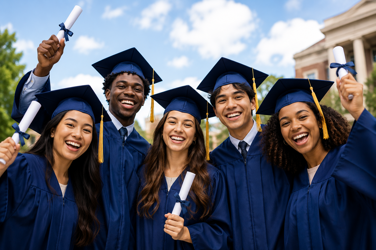 An AI generated photo of a group of graduating seniors wearing blue caps and gowns and holding diplomas in hand.