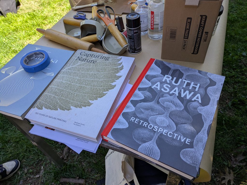an outdoor work table in a grassy setting with several large art reference books about nature printing and visualizing natural flora