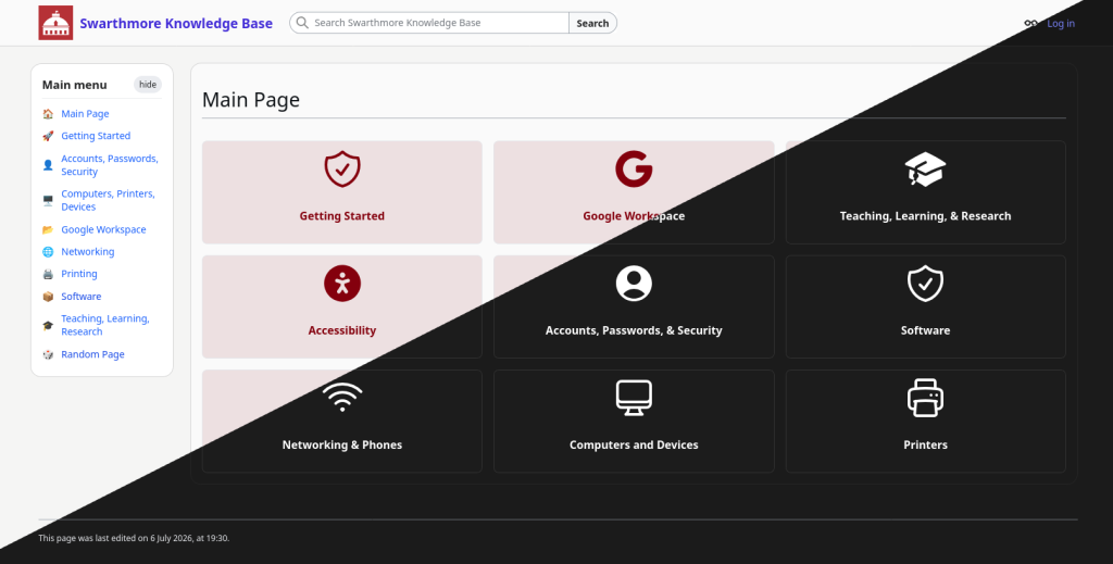 Updated Swarthmore Knowledge Base Main Page user interface showing light and dark modes.