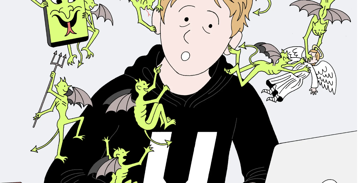 Graphic image of student being tempted by multiple devil figures while typing on a laptop computer. By Peter Gamlen, published 08-26-2026 NYTimes