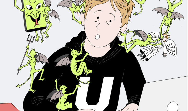 Graphic image of student being tempted by multiple devil figures while typing on a laptop computer. By Peter Gamlen, published 08-26-2026 NYTimes