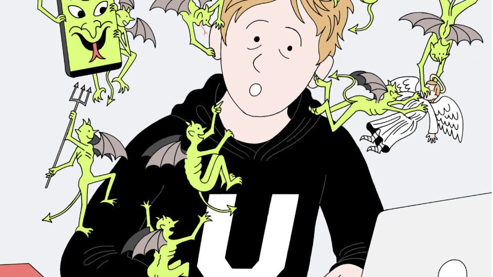 Graphic image of student being tempted by multiple devil figures while typing on a laptop computer. By Peter Gamlen, published 08-26-2026 NYTimes