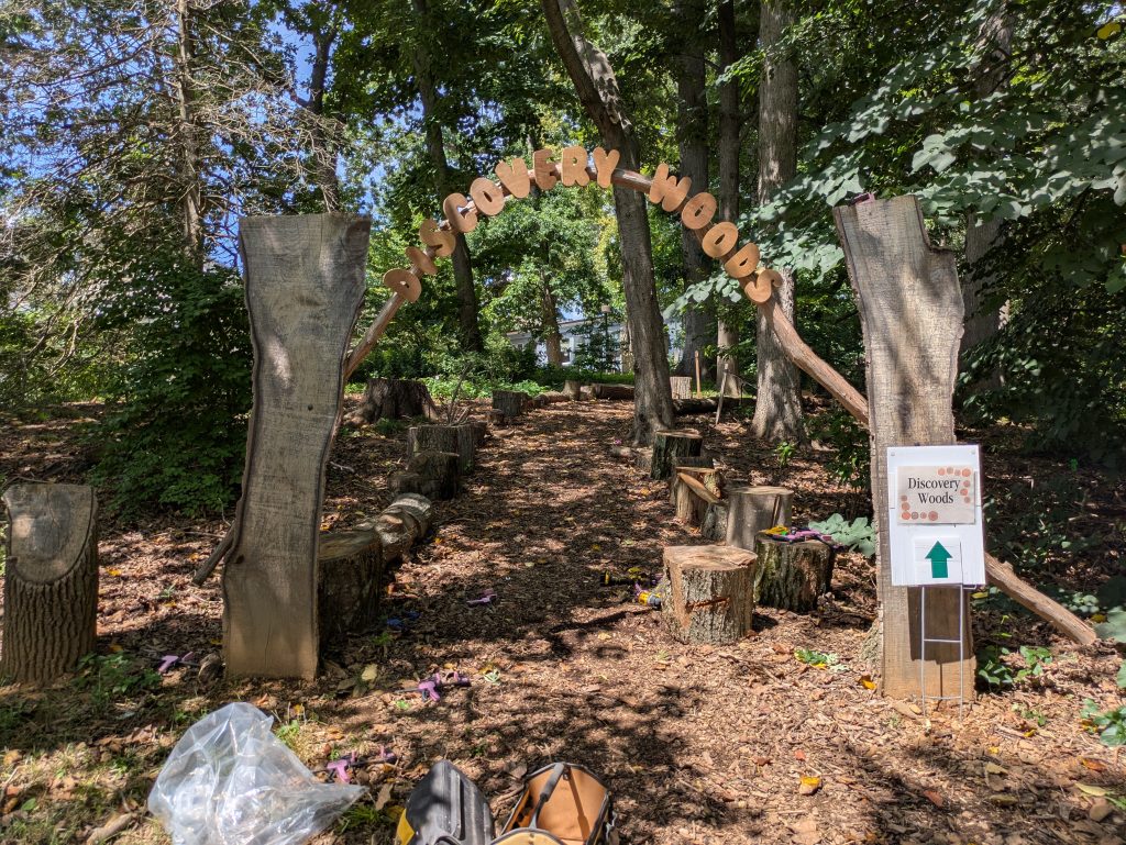 an outdoor wooden arch made from tree slabs, with cartoon lettering spelling "discovery woods"