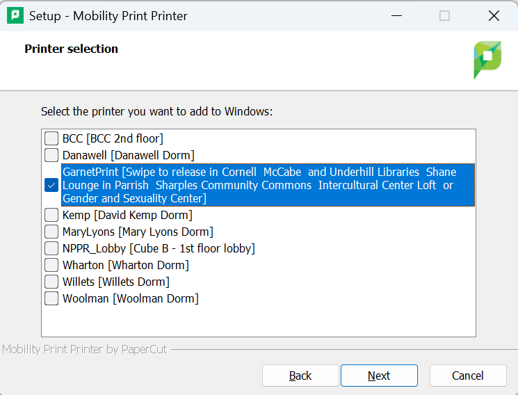 A screenshot of the Papercut Mobiity printer list.