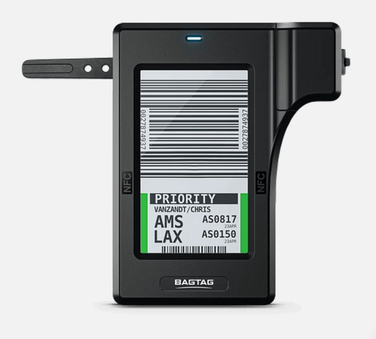 Black BagTag showing a boarding pass on the screen