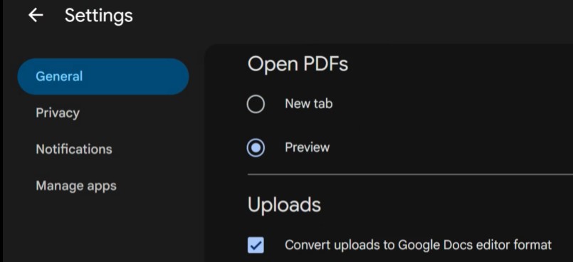 Google drive settings page scrolled down to the Uploads section.